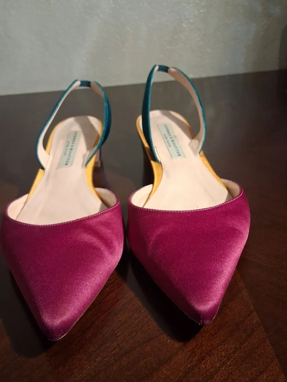 Stubbs & Wootton Magenta Pointed Slingbacks with Teal Straps